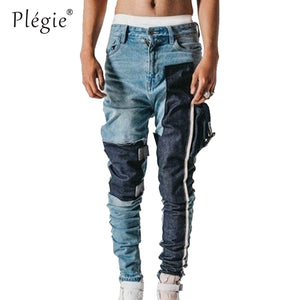Plegie INS Superfire Heavy Industries Disassembled Stitching Washing Water Hanging Jeans Men Skinny Patchwork Jeans Streetwear