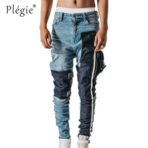 Plegie INS Superfire Heavy Industries Disassembled Stitching Washing Water Hanging Jeans Men Skinny Patchwork Jeans Streetwear
