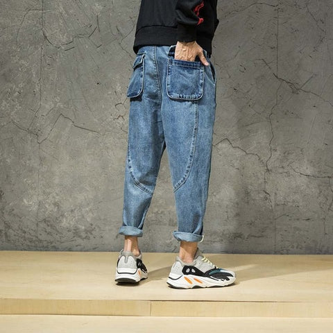 Fashion Harem Jeans Cotton Mens Jeans Casual Hip Hop Pants Denim Pants Street Style Loose Blue Trousers Men Clothes