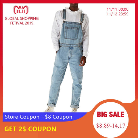 MoneRffi Men Casual Jeans Denim Strap Jean Jumpsuit Loose Fitting Sleeveless Casual Feminino Overalls Dungarees Playsuit 2019