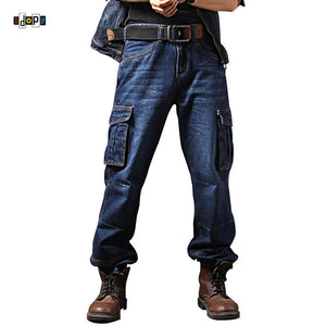 Idopy Men`s Casual Motorcycle Workwear Multi Pockets Denim Biker Cargo Jeans Pants For Men Plus Size