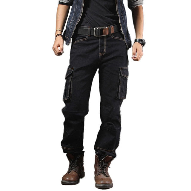 Idopy Men`s Casual Motorcycle Workwear Multi Pockets Denim Biker Cargo Jeans Pants For Men Plus Size