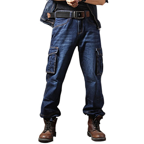 Idopy Men`s Casual Motorcycle Workwear Multi Pockets Denim Biker Cargo Jeans Pants For Men Plus Size