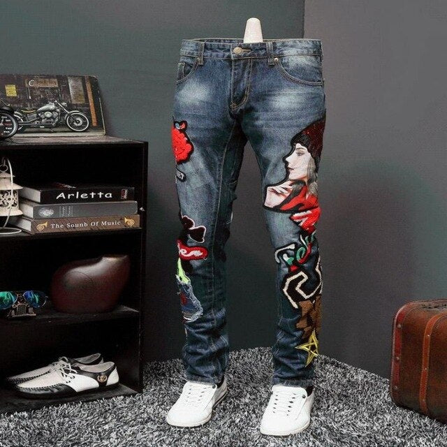 New fashion Men's Lady Printed Jeans Men Slim Straight Blue Long Jeans High Quality Designer Pants Nightclubs Singers Size 29-38