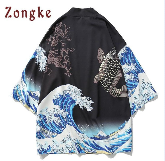Zongke Japanese Kimono Cardigan Men Wave and Carp Print Long Kimono Cardigan Men Thin Mens Kimono Cardigan Jacket Coat 2018