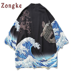 Zongke Japanese Kimono Cardigan Men Wave and Carp Print Long Kimono Cardigan Men Thin Mens Kimono Cardigan Jacket Coat 2018