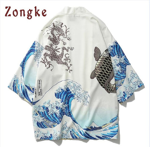 Zongke Japanese Kimono Cardigan Men Wave and Carp Print Long Kimono Cardigan Men Thin Mens Kimono Cardigan Jacket Coat 2018
