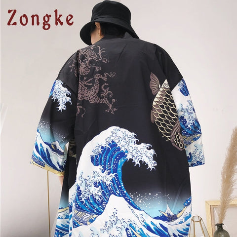 Zongke Japanese Kimono Cardigan Men Wave and Carp Print Long Kimono Cardigan Men Thin Mens Kimono Cardigan Jacket Coat 2018