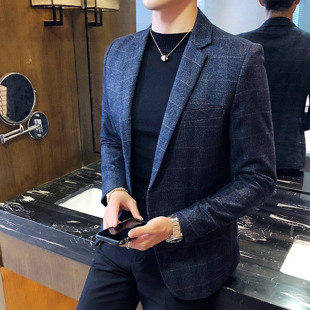 Vintage Plaid Blazer British Stylish Male Blazer Suit Jacket Business Casual One Button  Blazer For Men Regular Abrigo Hombre