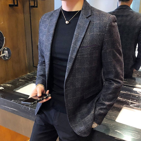 Vintage Plaid Blazer British Stylish Male Blazer Suit Jacket Business Casual One Button  Blazer For Men Regular Abrigo Hombre