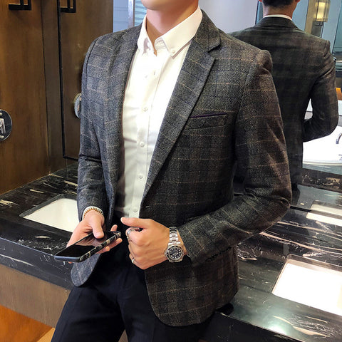 Vintage Plaid Blazer British Stylish Male Blazer Suit Jacket Business Casual One Button  Blazer For Men Regular Abrigo Hombre