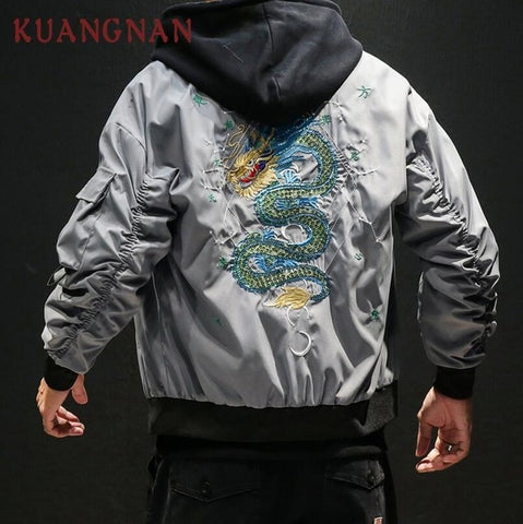 KUANGNAN Chinese Dragon Embroidery Jacket Men Fashions Hip Hop Streetwear Bomber Jacket Men Coat Men Jacket Coat 5XL 2018 Autumn