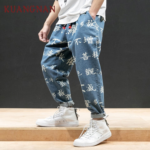 KUANGNAN Chinese Character Print Denim Pants Men Jogger Japanese Streetwear Joggers Men Pants Hip Hop Trousers Men Pants 2019