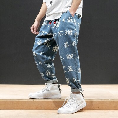 KUANGNAN Chinese Character Print Denim Pants Men Jogger Japanese Streetwear Joggers Men Pants Hip Hop Trousers Men Pants 2019