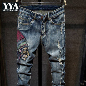 Vintage Mens Hole Ripped Jeans Casual Embroidery Long Pants Slim Fit Blue Denim Jeans Men Pantalon Homme Streetwear Male Pant