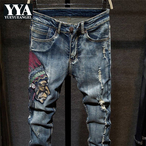 Vintage Mens Hole Ripped Jeans Casual Embroidery Long Pants Slim Fit Blue Denim Jeans Men Pantalon Homme Streetwear Male Pant