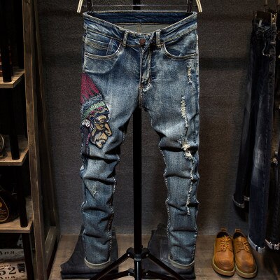 Vintage Mens Hole Ripped Jeans Casual Embroidery Long Pants Slim Fit Blue Denim Jeans Men Pantalon Homme Streetwear Male Pant