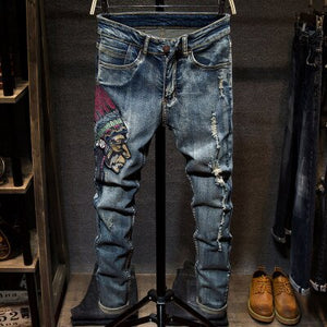 Vintage Mens Hole Ripped Jeans Casual Embroidery Long Pants Slim Fit Blue Denim Jeans Men Pantalon Homme Streetwear Male Pant