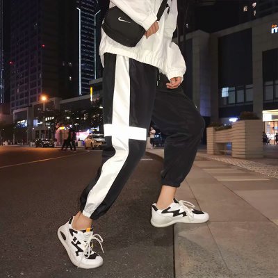 Japanese Style Hip Pop Men's Long Patchwork Reflective Track Pants Joggers Elastic Waist Side Striped Sweat Pants Trousers