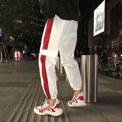 Japanese Style Hip Pop Men's Long Patchwork Reflective Track Pants Joggers Elastic Waist Side Striped Sweat Pants Trousers