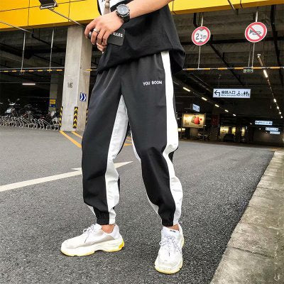 Japanese Style Hip Pop Men's Long Patchwork Reflective Track Pants Joggers Elastic Waist Side Striped Sweat Pants Trousers