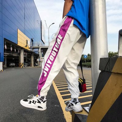 Japanese Style Hip Pop Men's Long Patchwork Reflective Track Pants Joggers Elastic Waist Side Striped Sweat Pants Trousers