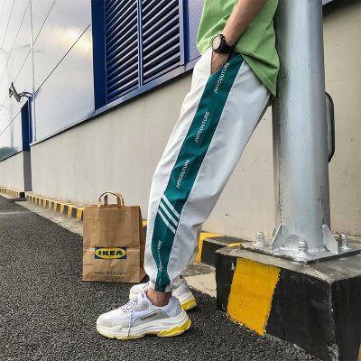Japanese Style Hip Pop Men's Long Patchwork Reflective Track Pants Joggers Elastic Waist Side Striped Sweat Pants Trousers