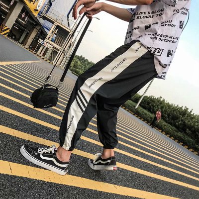 Japanese Style Hip Pop Men's Long Patchwork Reflective Track Pants Joggers Elastic Waist Side Striped Sweat Pants Trousers