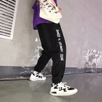 Japanese Style Hip Pop Men's Long Patchwork Reflective Track Pants Joggers Elastic Waist Side Striped Sweat Pants Trousers