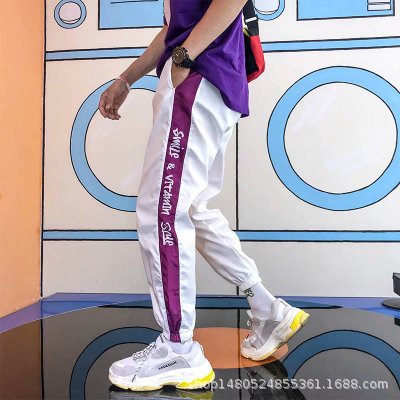 Japanese Style Hip Pop Men's Long Patchwork Reflective Track Pants Joggers Elastic Waist Side Striped Sweat Pants Trousers